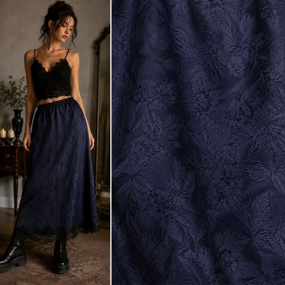 Navy Blue Jacquard Floral Maxi Skirt with Black Eyelash Lace Trim Elastic Waist